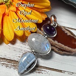Moonstone Pendant Owyhee Opal Amethyst Long Handmade Crystal Gemstone 925 Silver